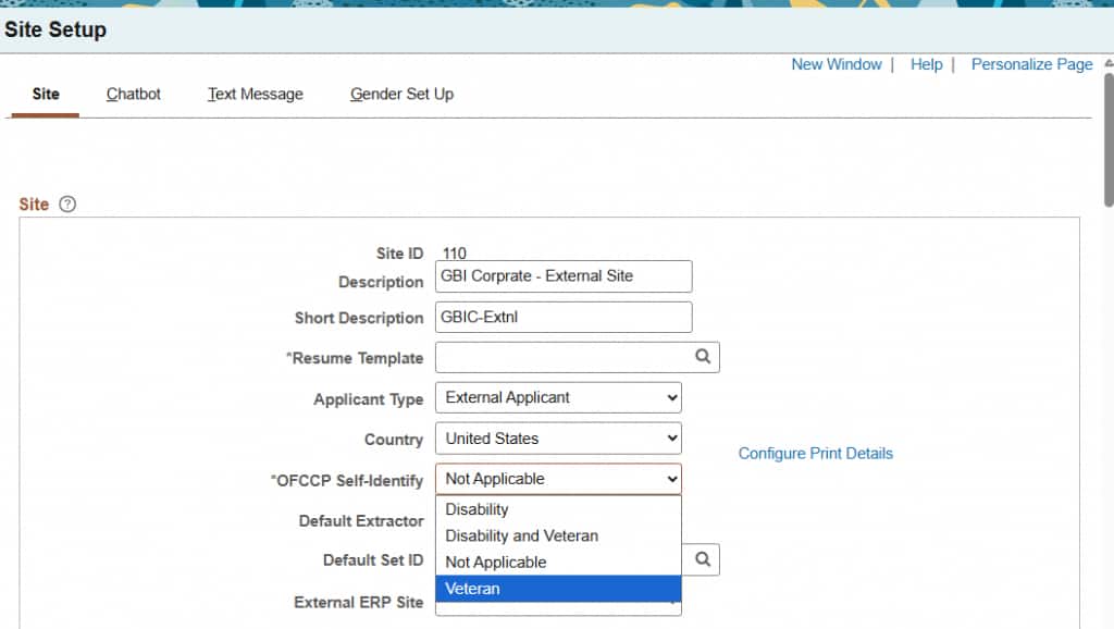 Candidate Gateway Site Setup Page: OFCCP Self-Identify field