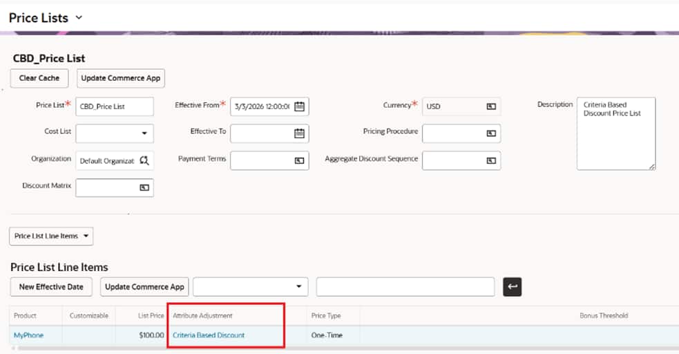 Attribute Adjustment associated with the price list line item