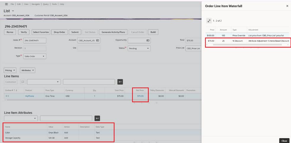 Order line item waterfall showing the applied Attribute Adjustment Order line item waterfall showing the applied Attribute Adjustment