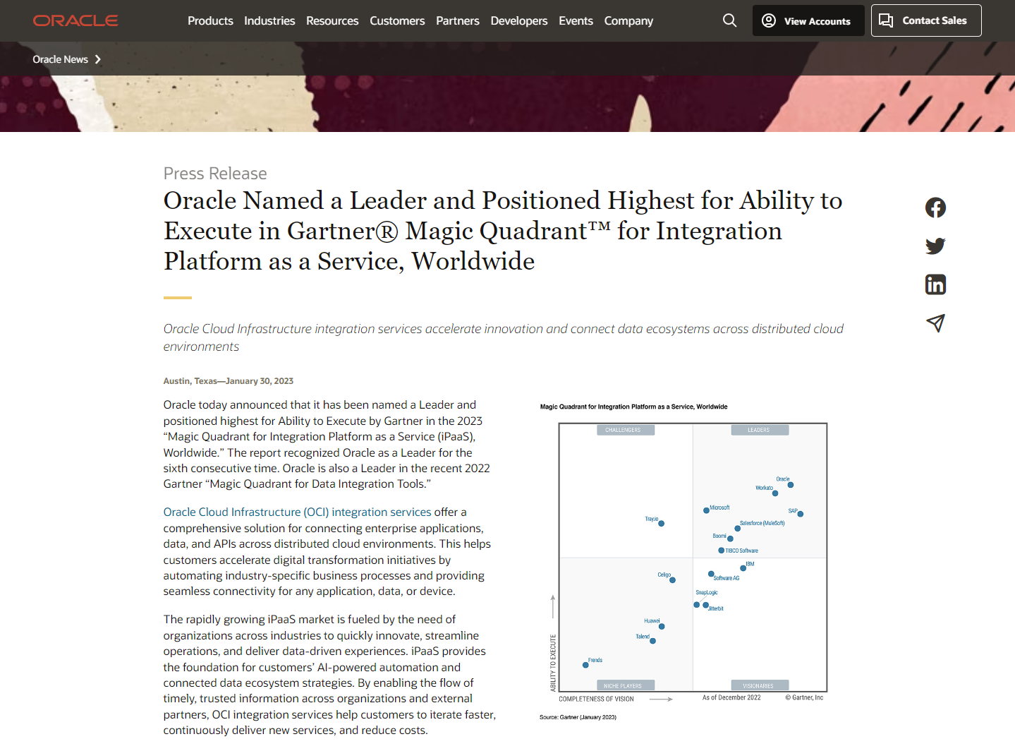 Oracle Named a Leader and Positioned Highest for Ability to Execute in 2023 Gartner® Magic Quadrant™ for Integration Platform as a Service, Worldwide