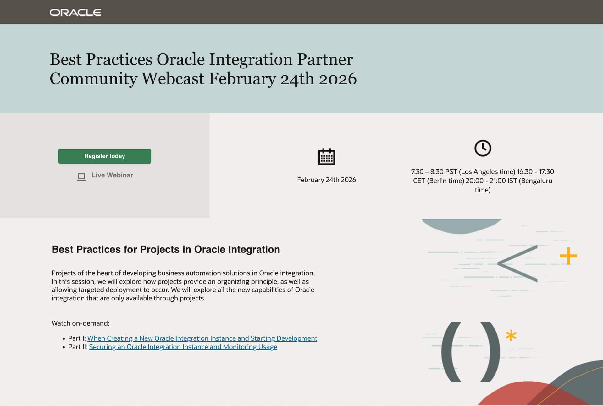 Best Practices for Projects in Oracle Integration Partner Community Webcast February 24th 2026
