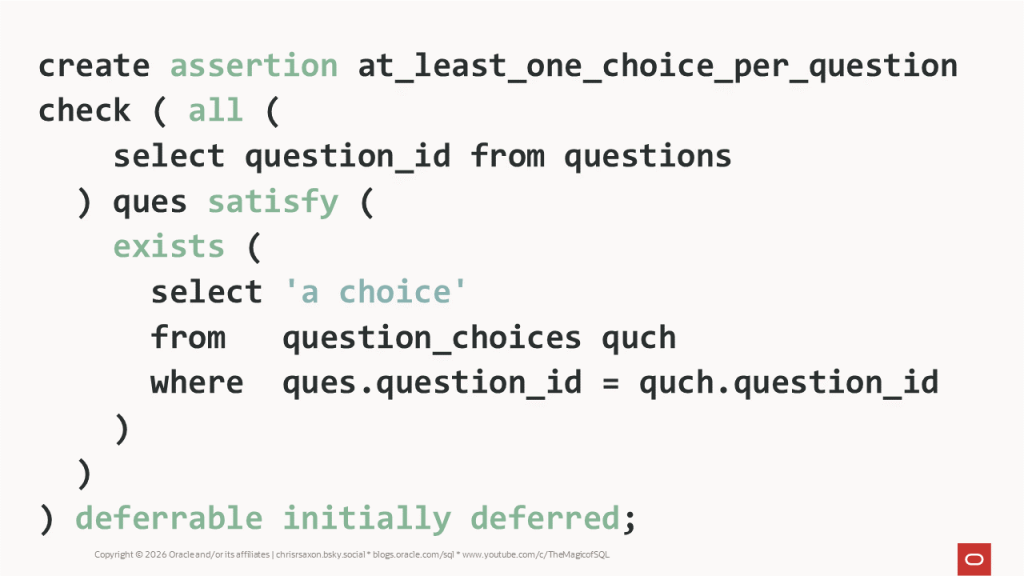 Example SQL assertion to ensure every question has at least one choice.