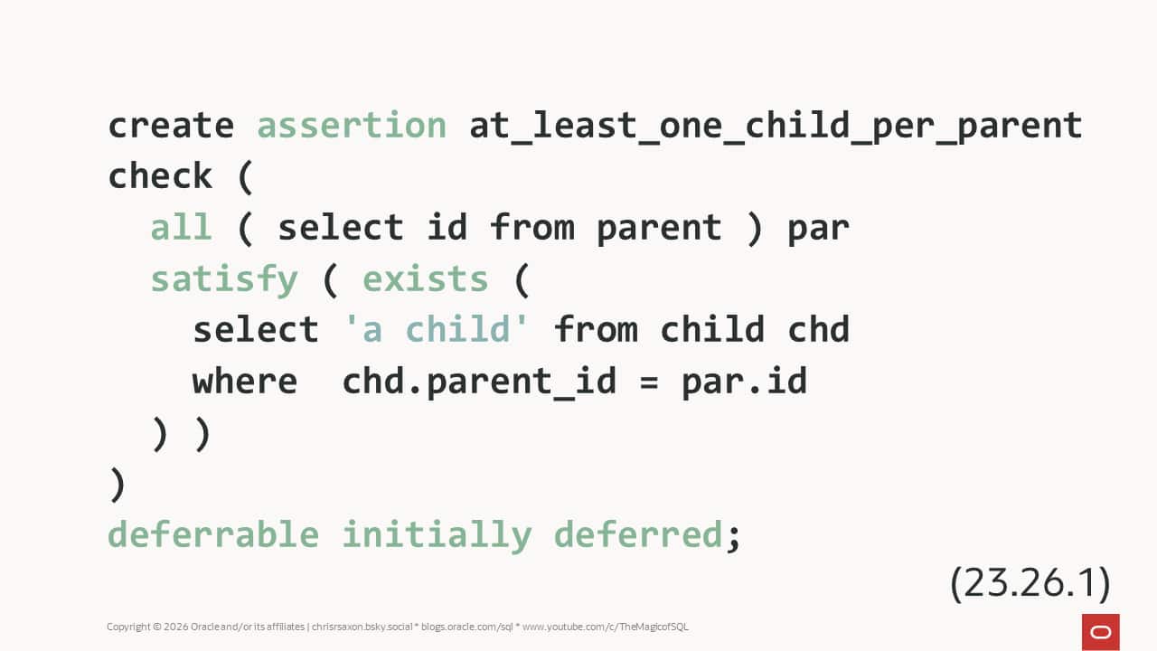 Guarantee at least one in one-to-many relationships in Oracle AI Database