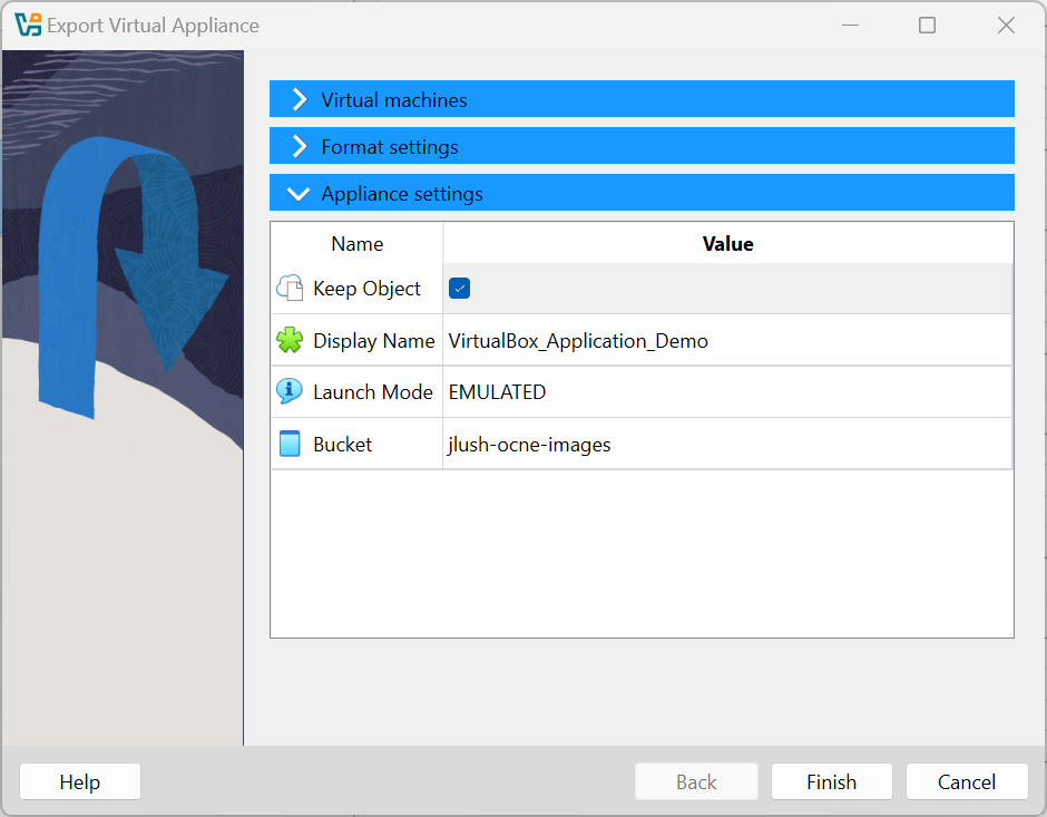 Choose the appliance settings for the virtual machine.