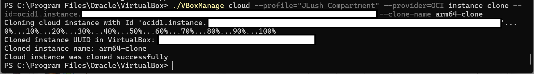 Output of the cloud instance clone command