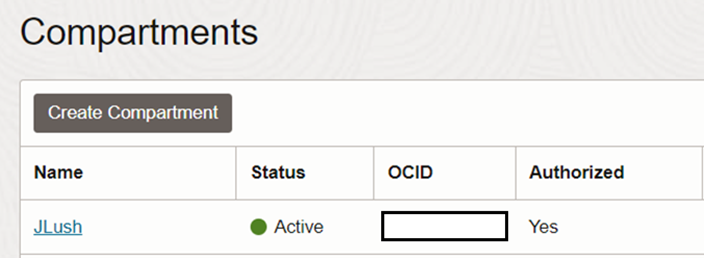 The compartments page contains the OCID of the compartment