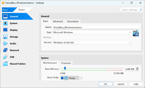VirtualBox Manager using the basic experience level
