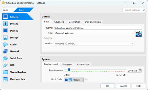 VirtualBox Manager using the expert experience level