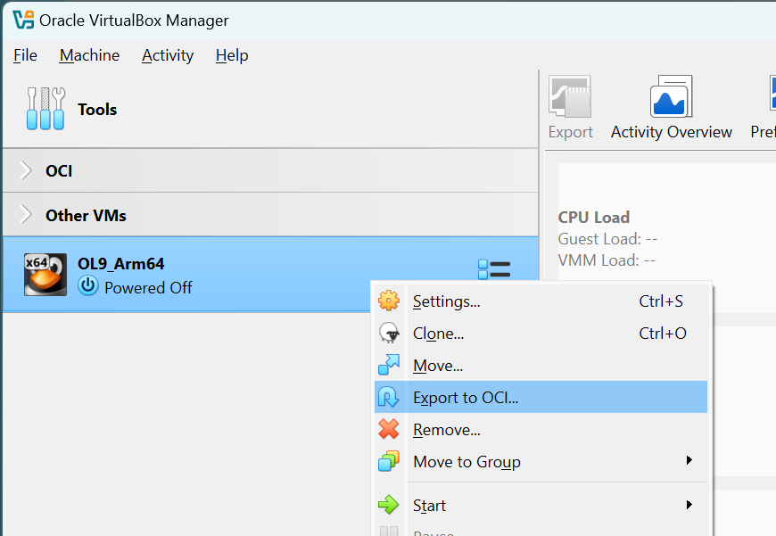 A virtual machine in VirtualBox being exported to OCI