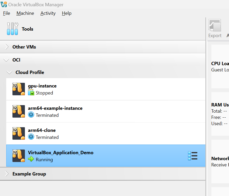 The virtual machine exported to OCI is visible on Oracle VirtualBox Manager.