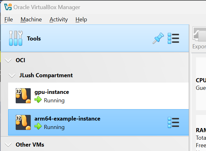 A successfully imported instance from OCI in VirtualBox