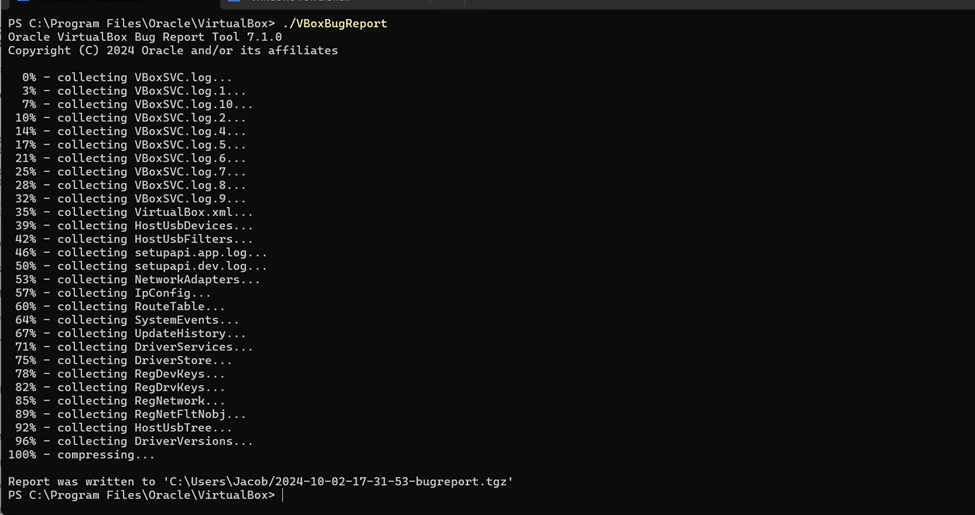 Using the VirtualBox log collector to generate a report about the host machine