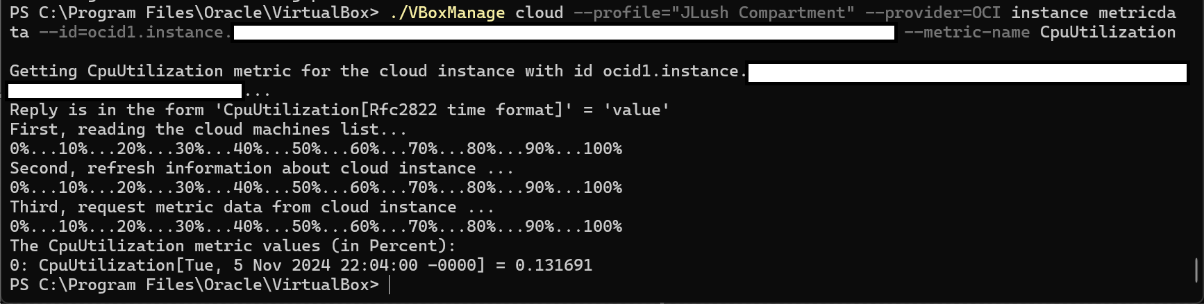 Output from the cloud instace metricdata command