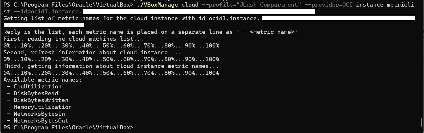 Output of the cloud instance metriclist command