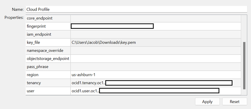 The fields required for setting up a cloud profile