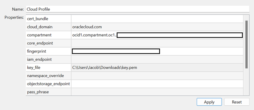 The fields required for setting up a cloud profile.