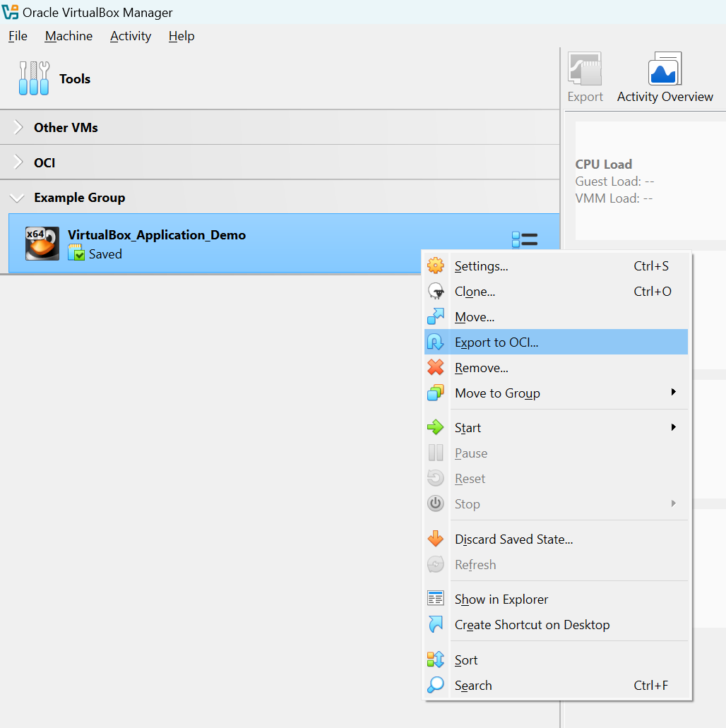 Select Export to OCI to begin exporting a virtual machine.