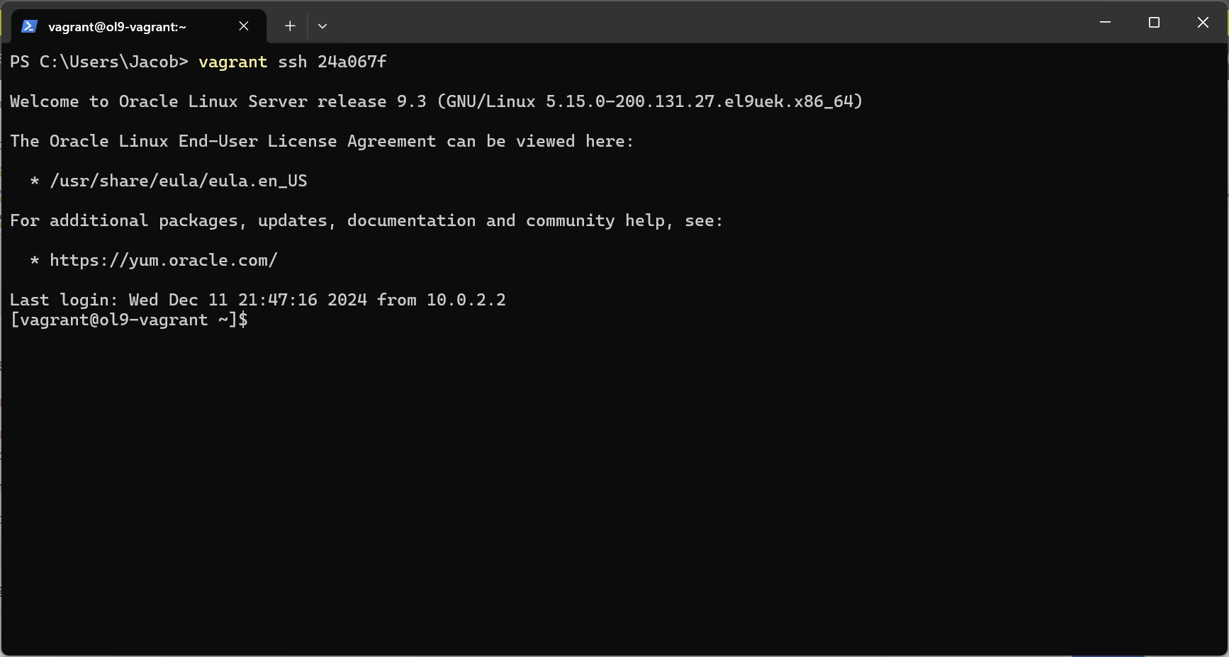 Vagrant ssh is used to connect to the virtual machine with an id.