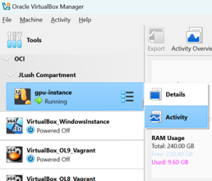 Left click the list icon on the right side of the OCI instance and select Activity to view performance metrics