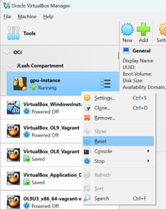 Right click the OCI instance and select Reset to perform a reset on the instance