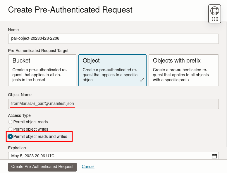 Create Pre-Authenticated Request - part 1