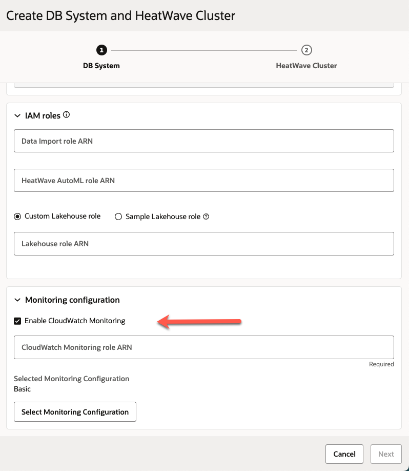Enabling CloudWatch monitoring when creating a DB system
