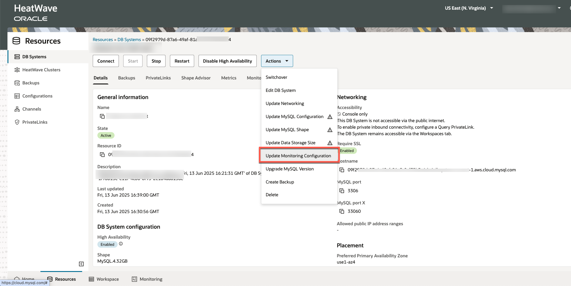 Enabling CloudWatch monitoring on an existing DB system