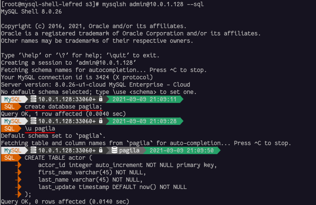 MySQL Shell - schema and table creation