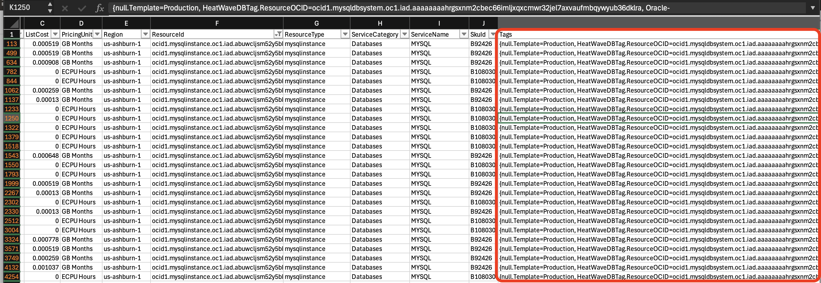 Billing Report Showing Cost Tags