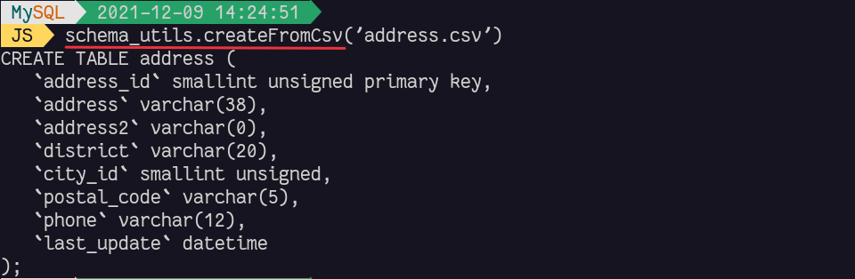 MySQL Shell - schema_utils.createFromCsv