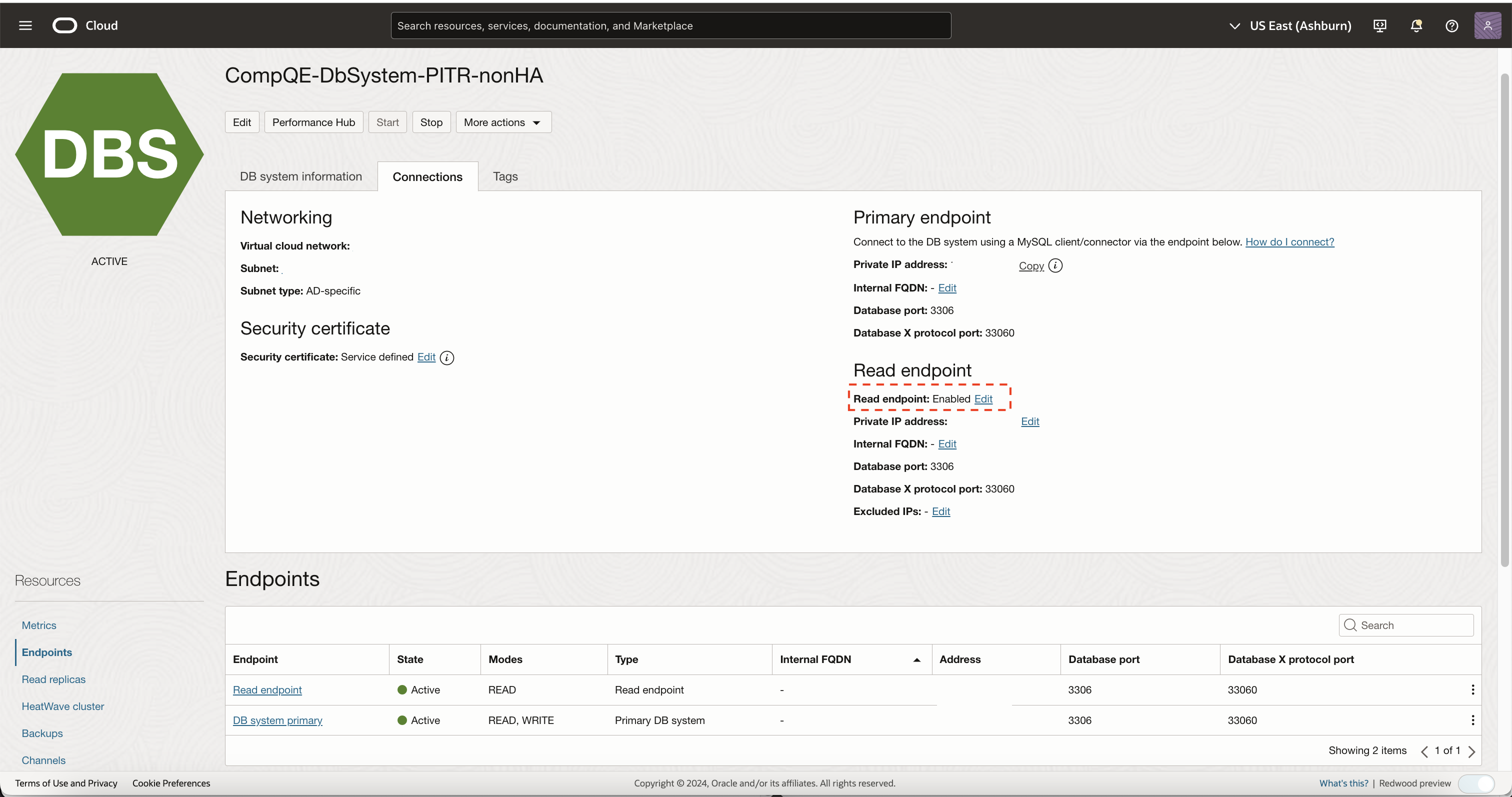 Figure 6. DB system Read Endpoint details page