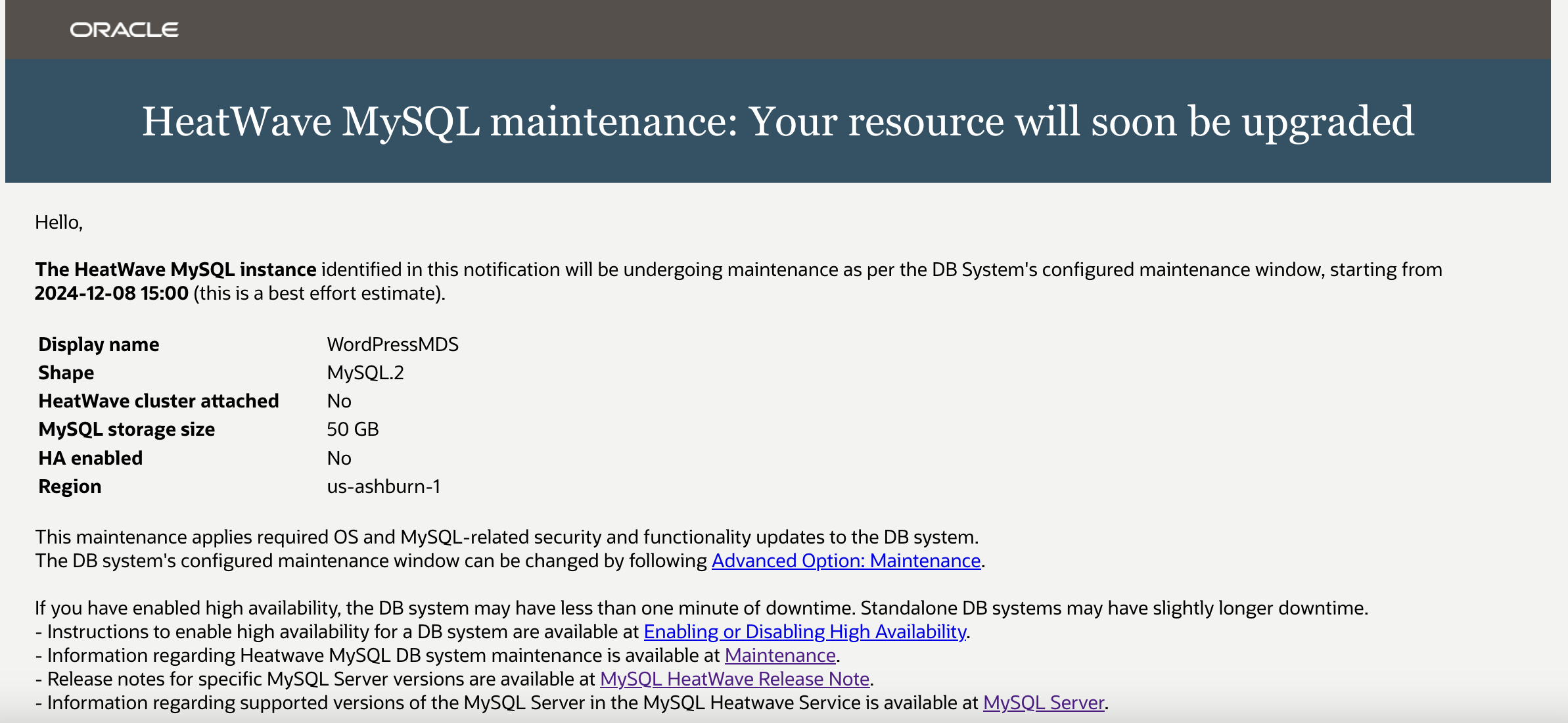 Example of email notification