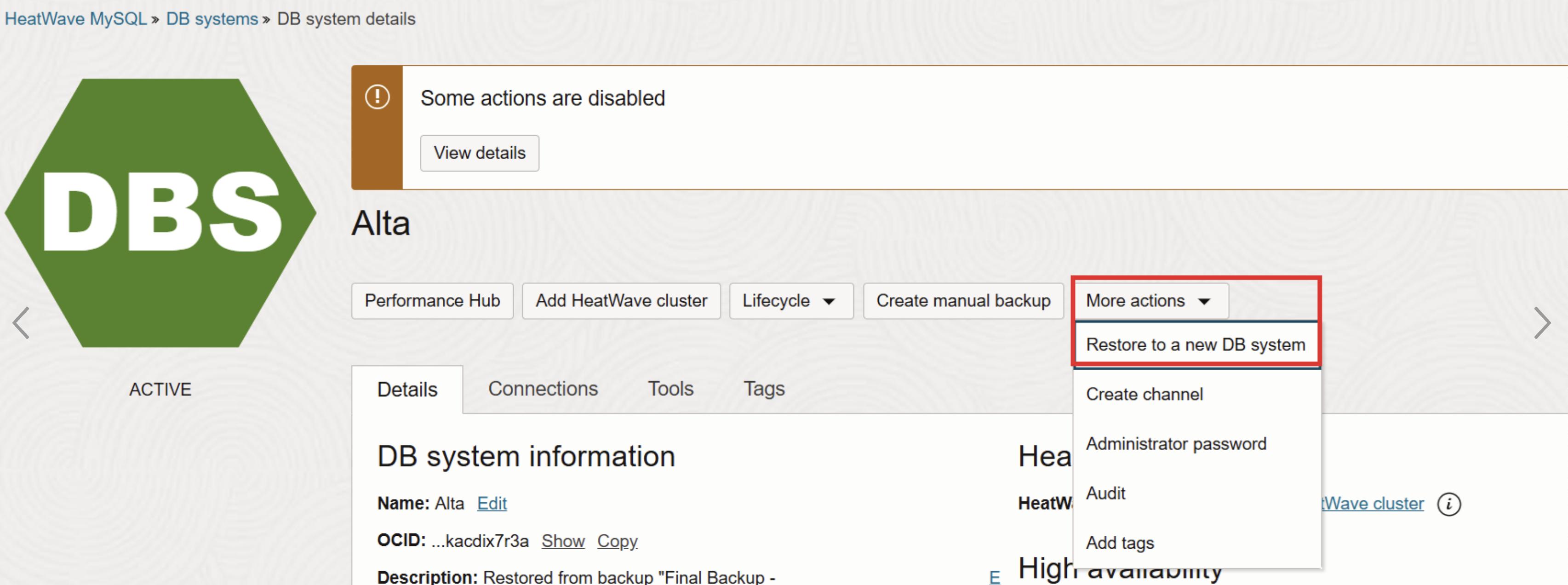Figure 5: Restore to new DB system
