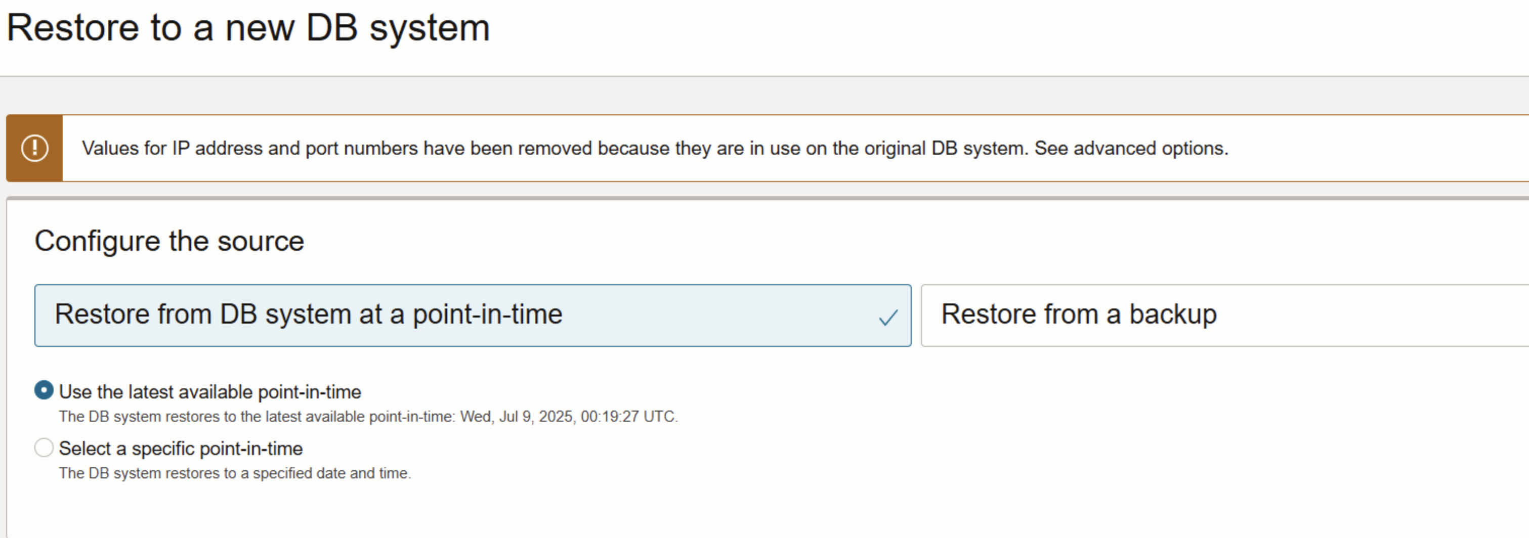 Figure 6: Restore to new DB system