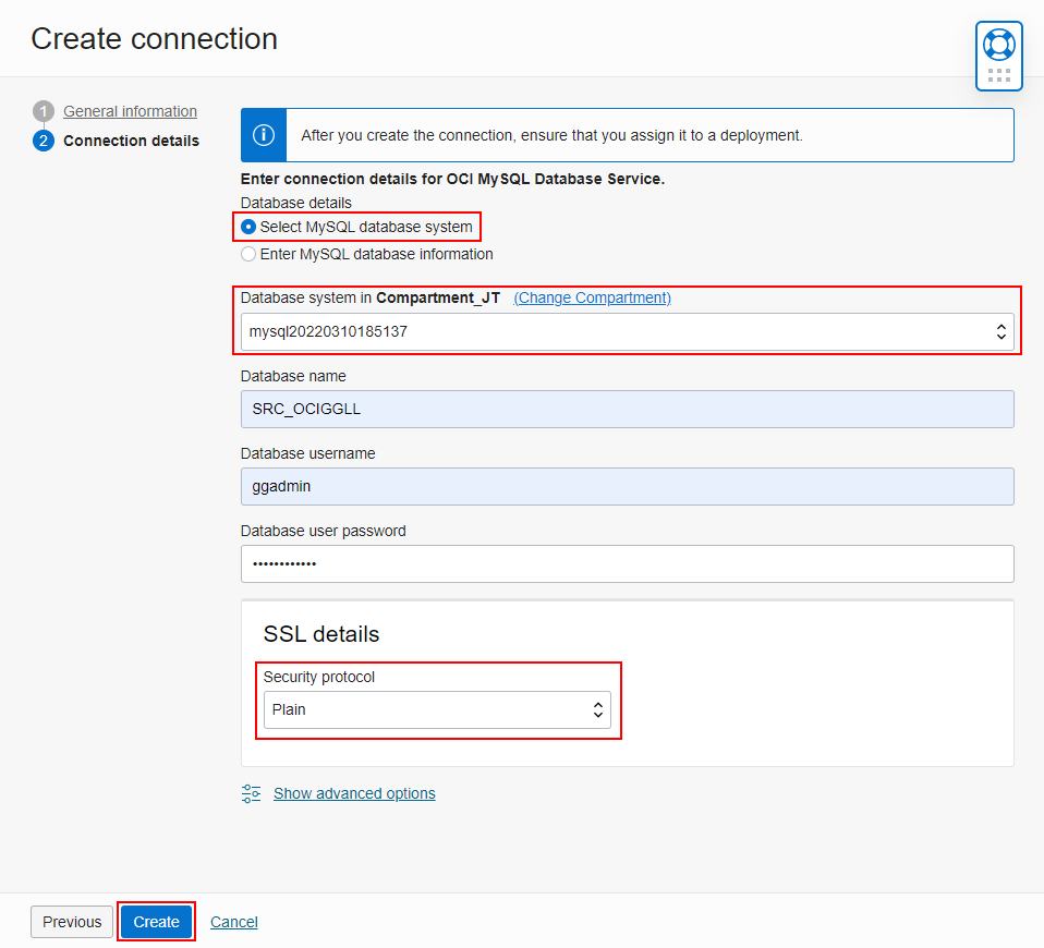 Create a connection to a MySQL database in OCI GoldenGate - 2/2
