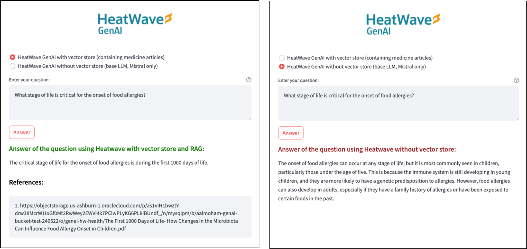 Figure 1: UI of the HeatWave Healthcare app; Comparing RAG answer vs. Base LLM answer with no prompt engineering 