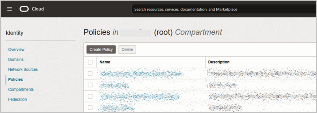 List of policies in selected compartment