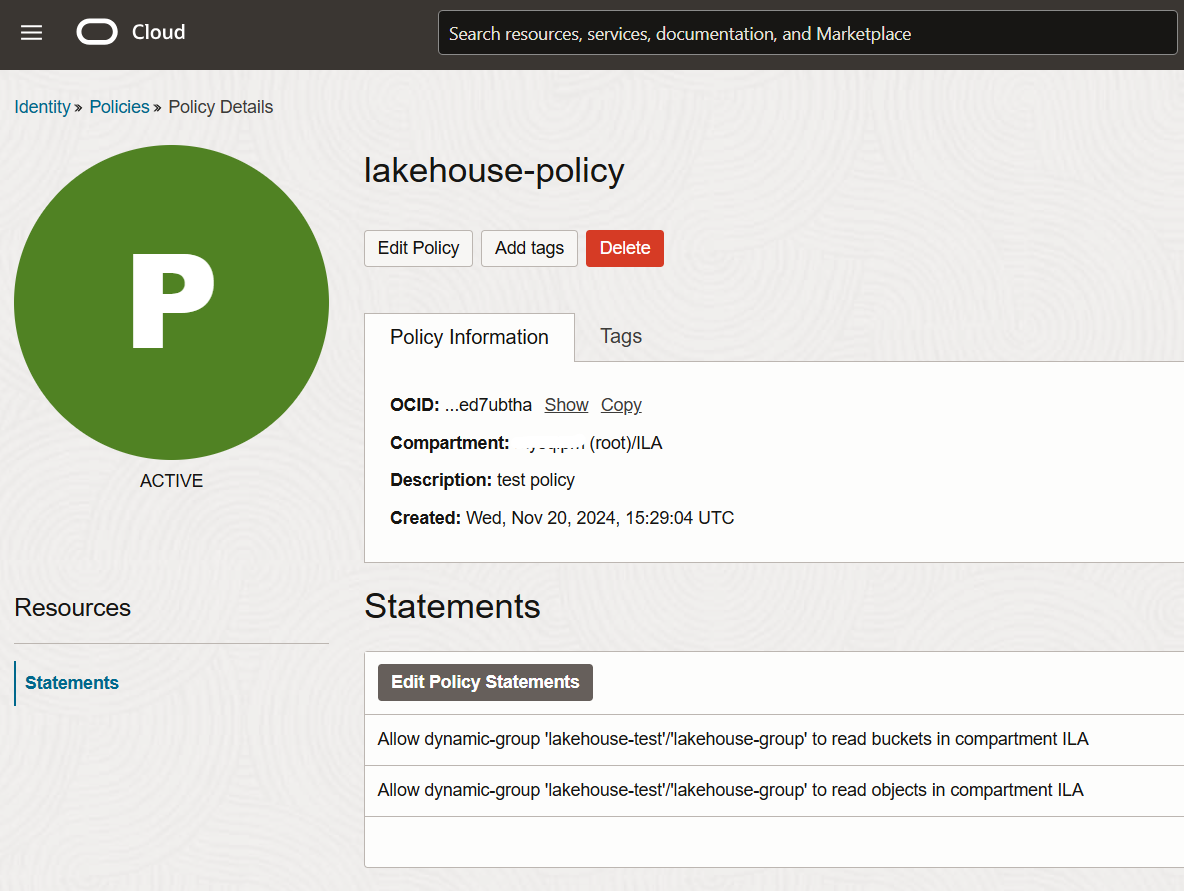 Policy statements to allow dynamic group to read objects and buckets in specified compartment