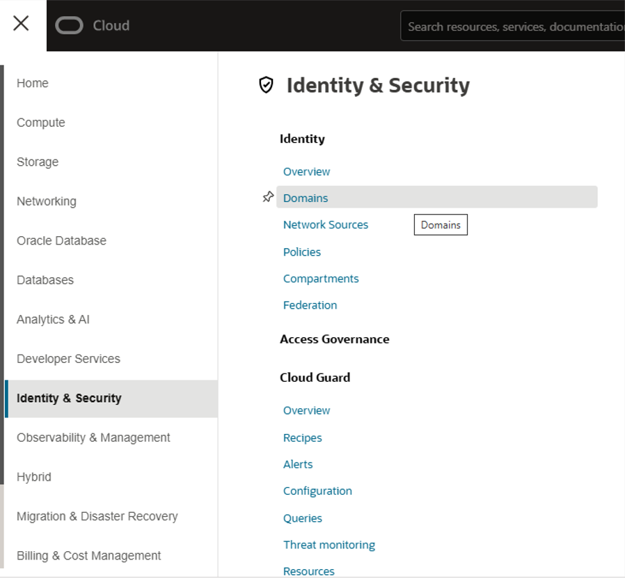 Menu to access Domains
