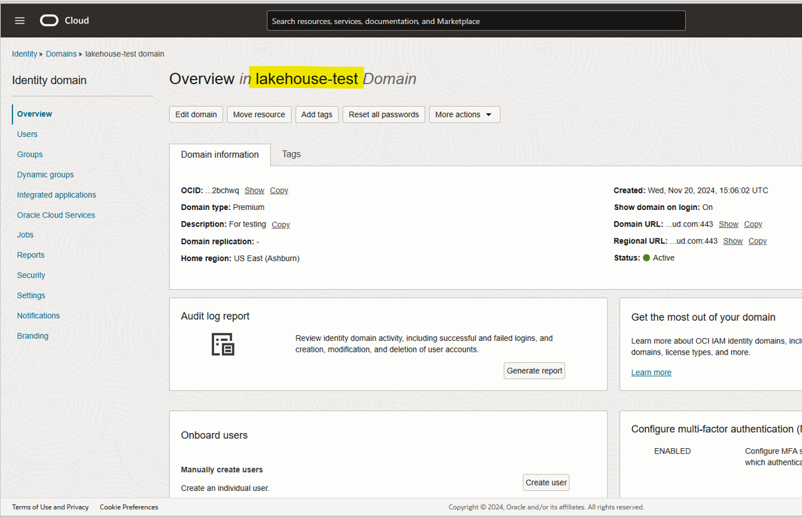 Overview of domain created