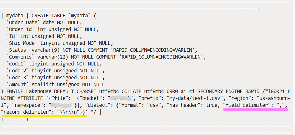 CREATE TABLE statement with CSV dialects