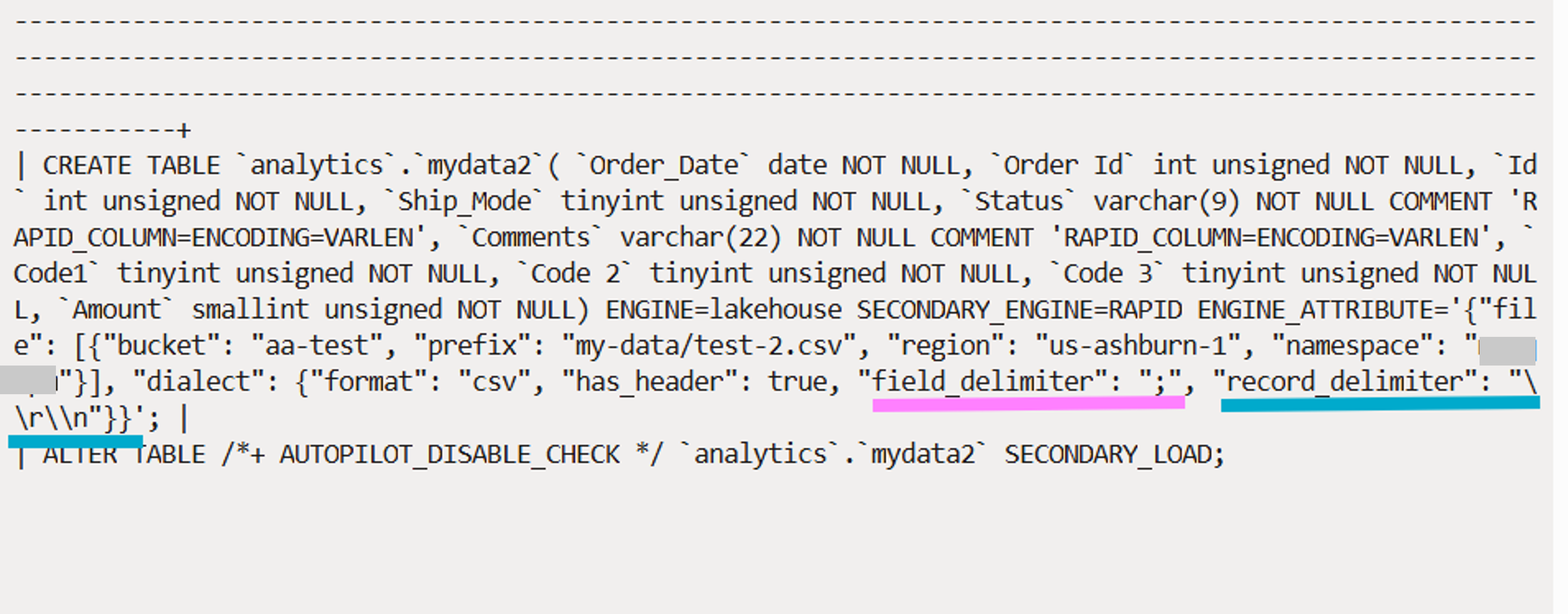 Table definition with CSV dialects