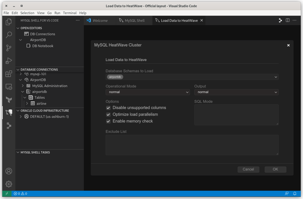MySQL Shell for VSCode - Load Data to HeatWave Cluster - airportdb