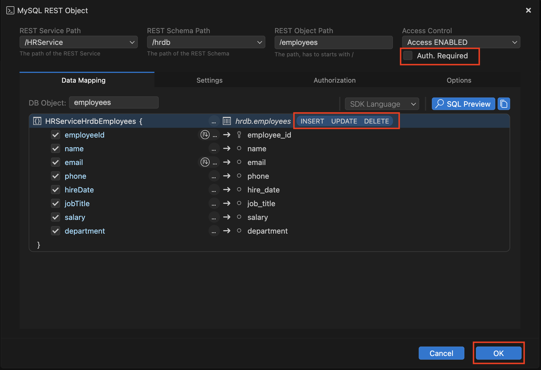 Select desired CRUD operations