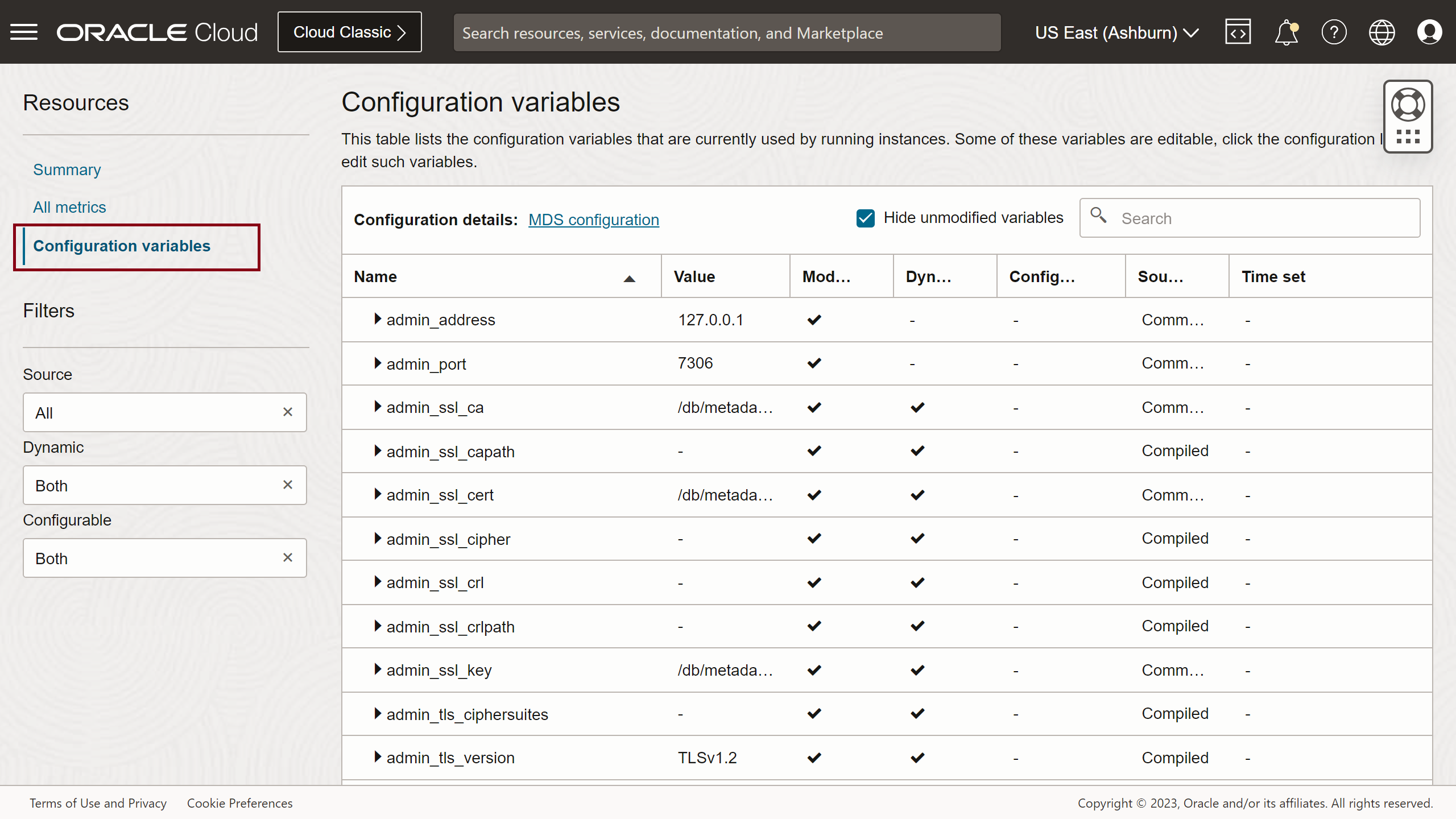 Figure 4: Configuration variables section on the MySQL database details page
