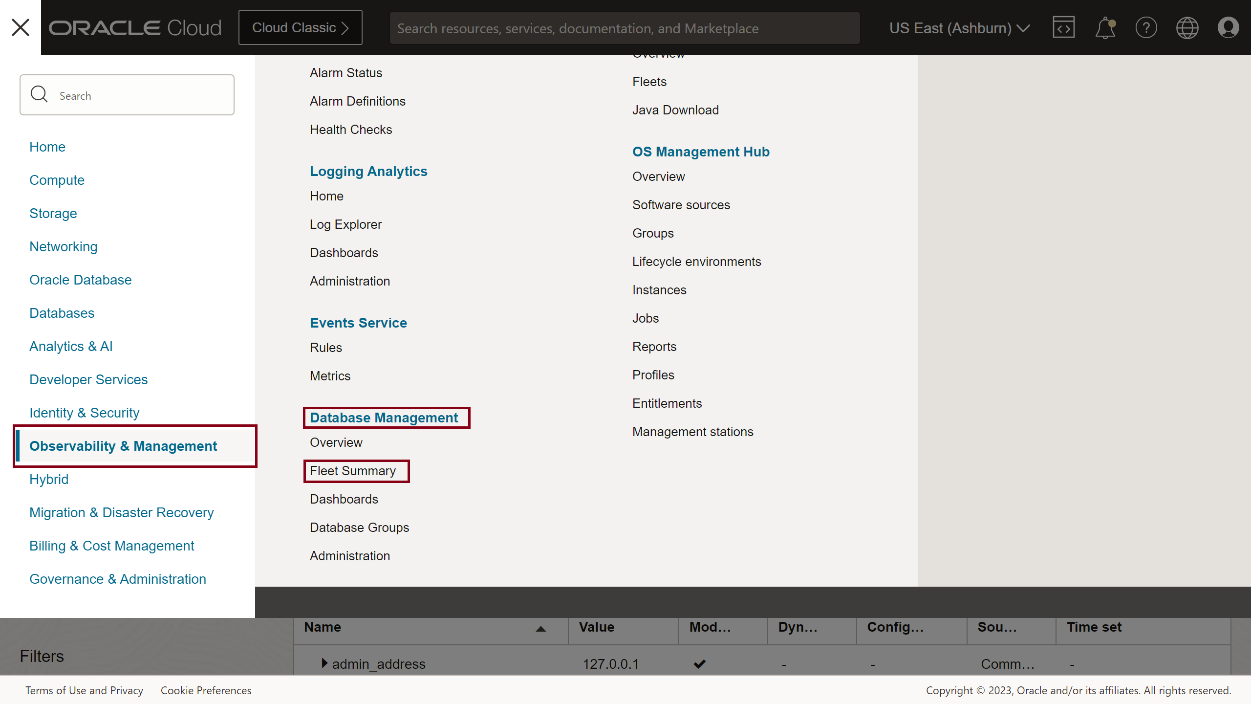 Figure 6: Navigation to Database Management from the Observability and Management menu