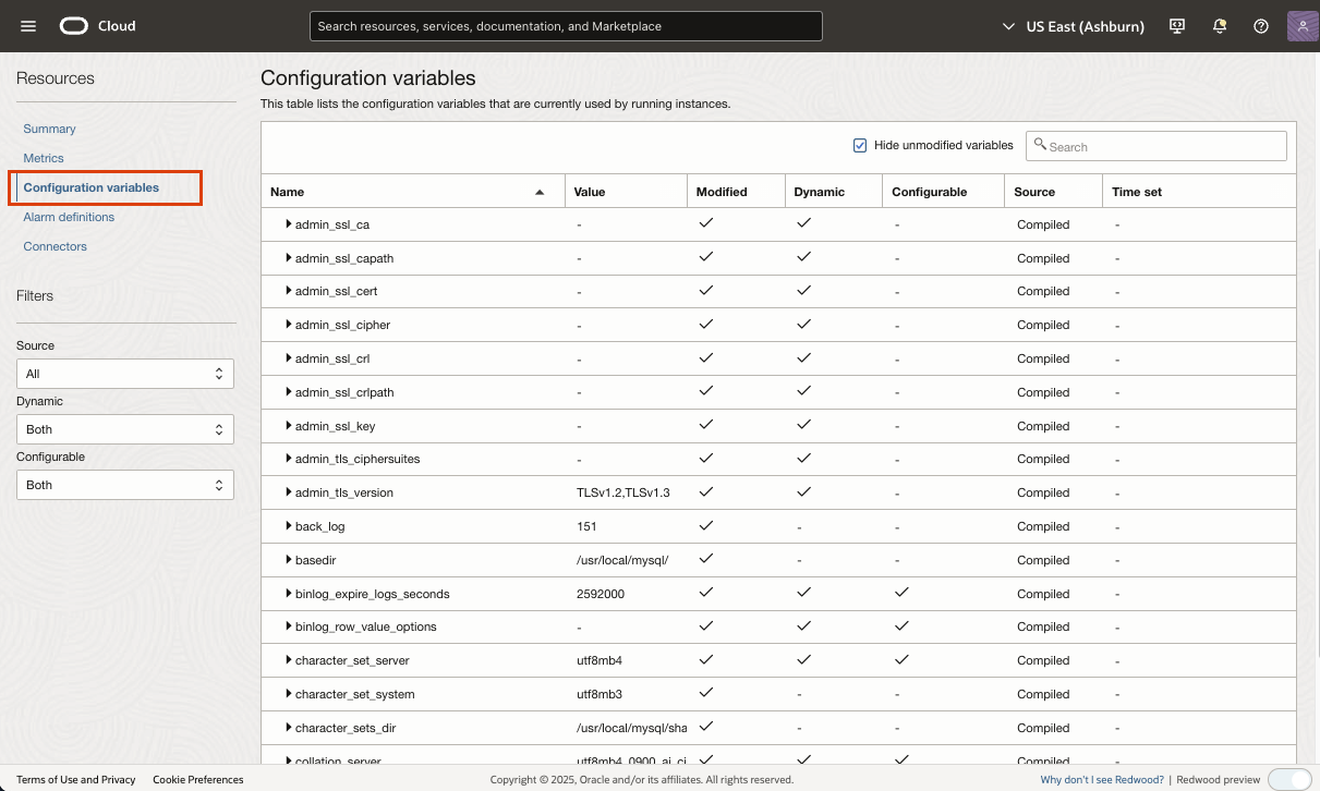 Configuration variables section on the MySQL DB system details page