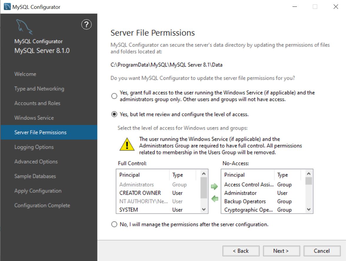 MySQL Configurator Server Files Permissions