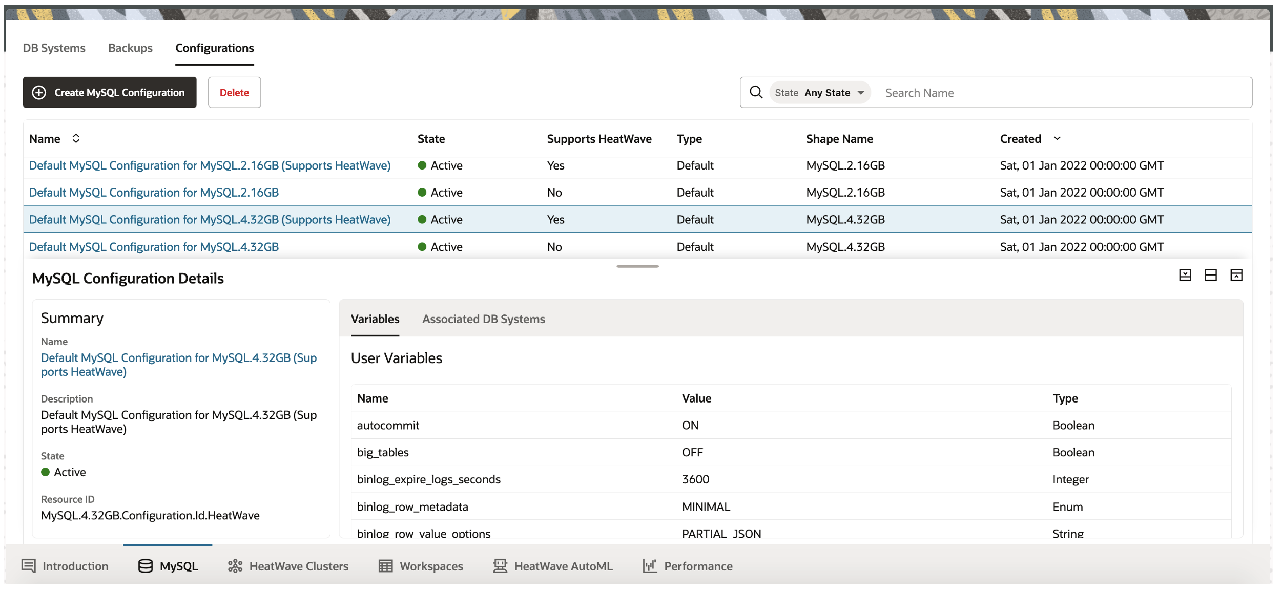 Pre-defined MySQL HeatWave configurations