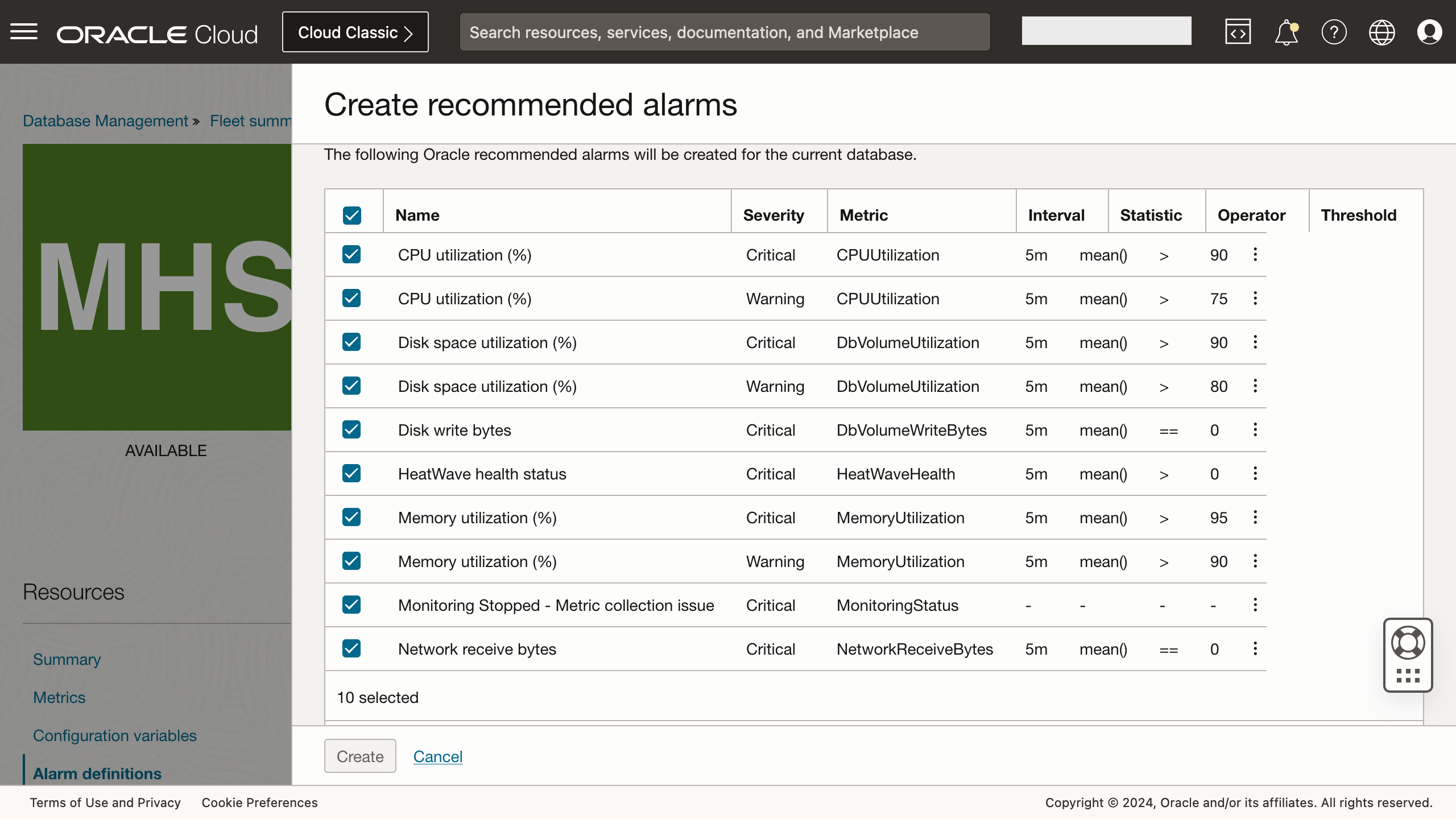 Figure 3: Create recommended alarms panel